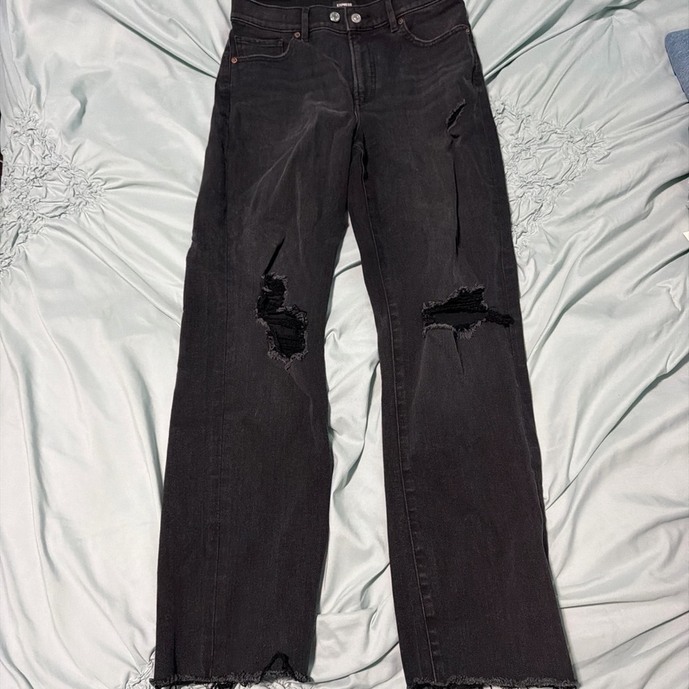 Express Black Distressed Straight Leg Jeans